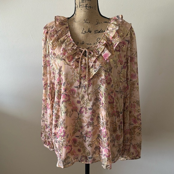 LOFT Shimmer Floral Ruffle Tie Neck Blouse - Picture 2 of 8